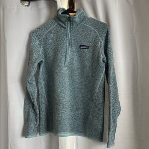 Patagonia Blue Cowl Neck Sweater with High Collar and Quarter-Zip